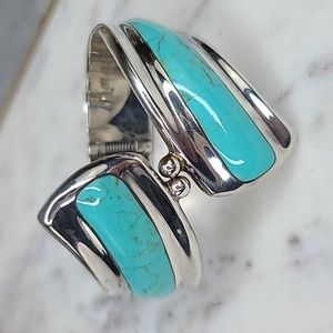 Seed & Sage Mexico Sterling Silver Turquoise Inlay Hinge Bypass Bracelet/Bangle